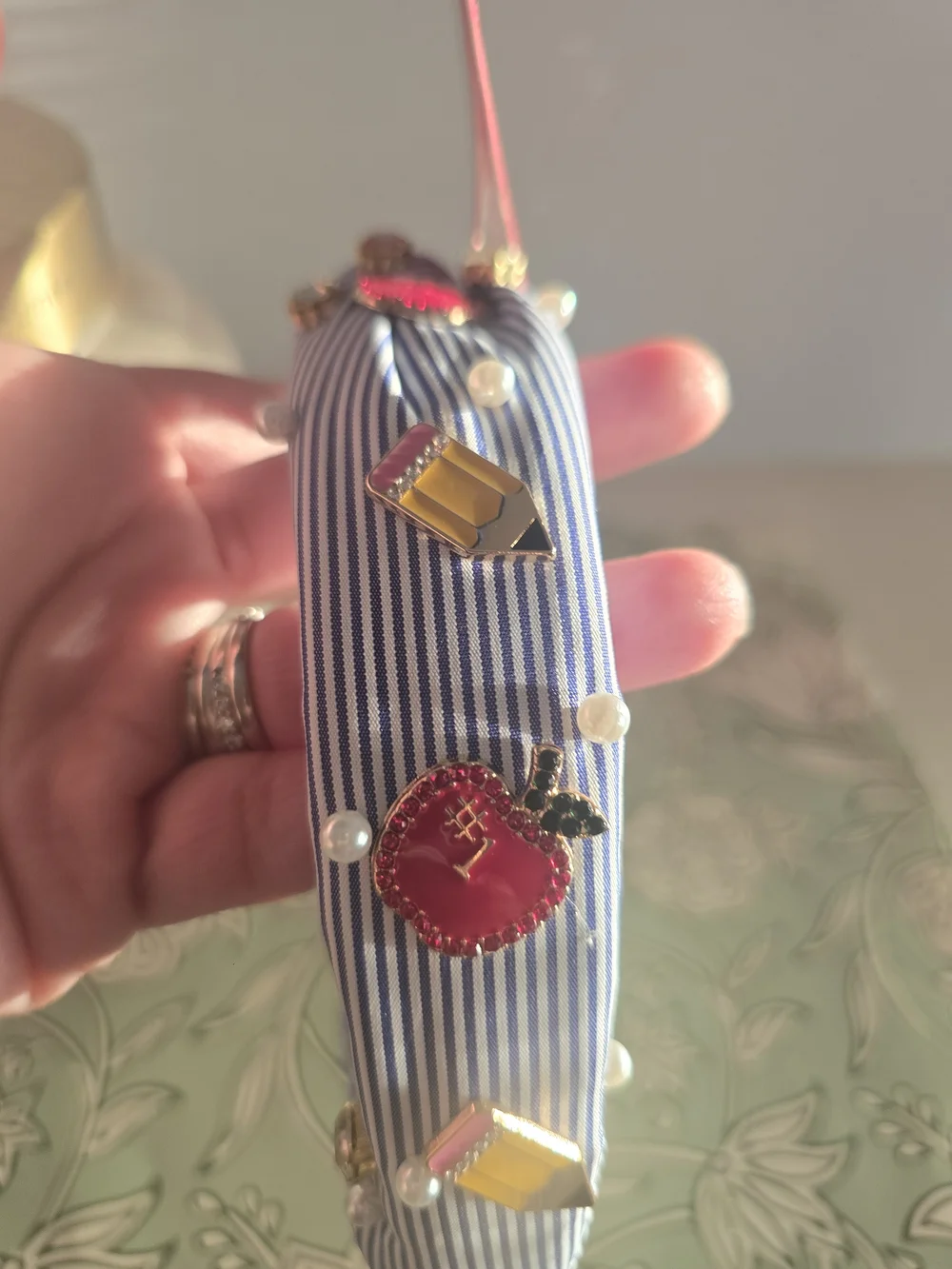 Piper K Striped Headband with Pencil, Apple, and Pearl Charms